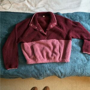 Large Tall Cozy Two-Tone Cropped Quarter Button - Burgundy and Pink